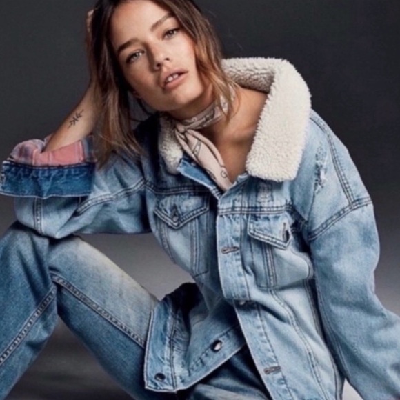 Free People Flannel Lined Sherpa Distressed Denim Trucker Jacket - Picture 2 of 9